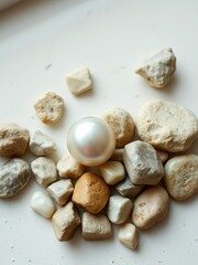 Fototapeta premium A lone, perfectly formed pearl resting beside a scattering of rough, unpolished pebbles, highlighting inherent value over raw potential, inherent worth, film grain