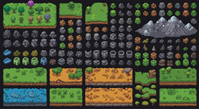 Pixel art game assets set, retro 8-bit environment tileset with grass and mountains, vintage video game level design elements vector