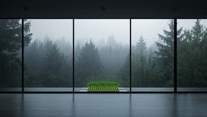 Obraz premium empty room interior with large windows overlooking a rainy forest scene high quality professional detailed modern elegant stylish clean crisp vibrant colorful digital creative innovative contemporary