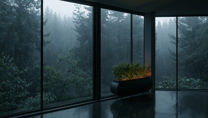 Fototapeta premium rainy day view from modern interior with potted plants high quality professional detailed elegant stylish clean crisp vibrant colorful digital creative innovative contemporary premium stunning impress