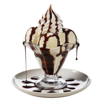 Vanilla ice cream sundae in a glass bowl with chocolate syrup drizzle on a white background