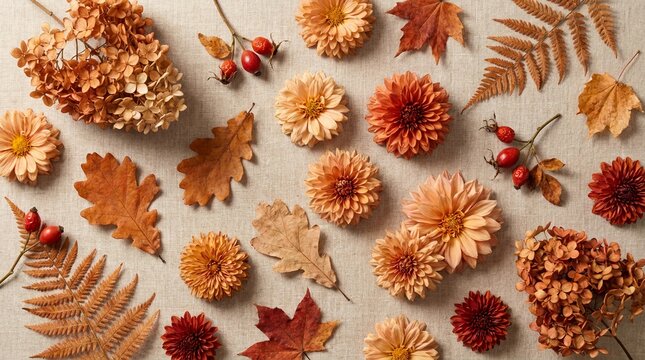 Autumn Flat Lay Composition with Dried Leaves, Dahlias and Warm Earth Tone Floral Background