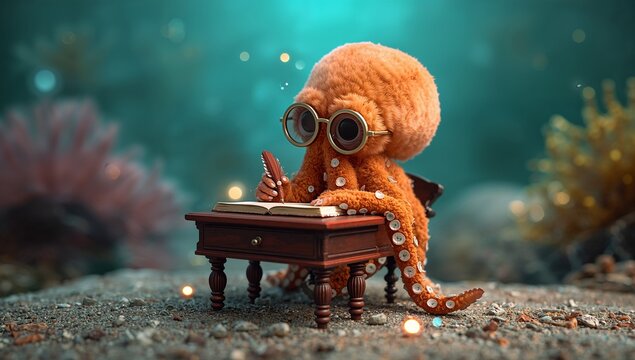 anthropomorphic octopus writing at a desk 3d render with underwater background high quality professional detailed modern elegant stylish clean crisp vibrant colorful digital creative innovative contem