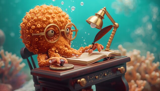 anthropomorphic octopus writing at a desk 3d render with underwater background high quality professional detailed modern elegant stylish clean crisp vibrant colorful digital creative innovative contem