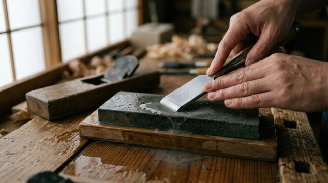 Ebanister&iacute;a japonesa tradicional con artesano trabajando la madera, herramientas manuales, tatami, shoji y muebles restaurados en taller c&aacute;lido. Generado por IA.