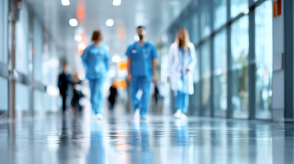 Naklejka premium A group of medical professionals walking through a hospital corridor in scrubs and lab coats, showcasing teamwork.