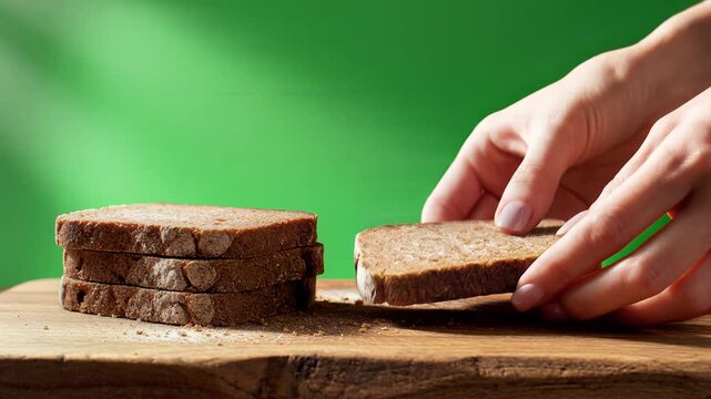 Hands picking up a slice of fresh dark rye bread from a stack on a wooden board against a green screen.