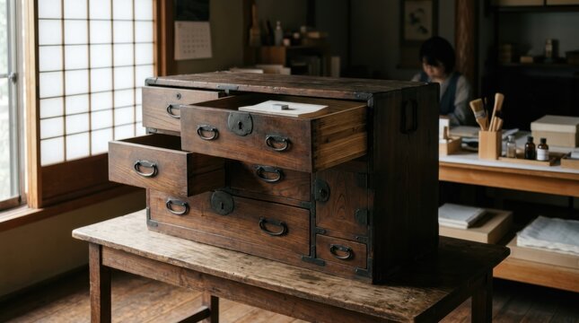 Ebanister&iacute;a japonesa tradicional con artesano trabajando la madera, herramientas manuales, tatami, shoji y muebles restaurados en taller c&aacute;lido. Generado por IA.