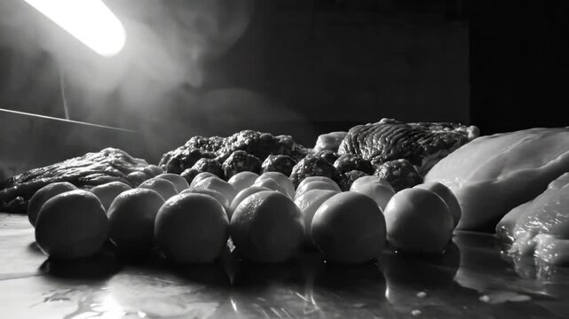 Low angle black and white shot of various raw food items including eggs emitting steam under bright light
