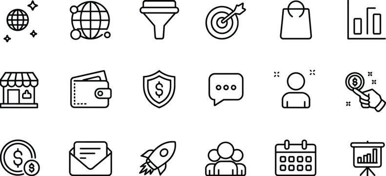A grid of 16 black and white outline icons representing business, technology, and communication collection