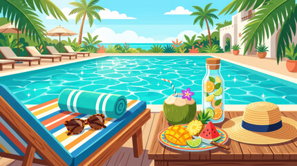 Fototapeta premium Tropical Swimming Pool Resort with Coconut Drink and Fruit Plate