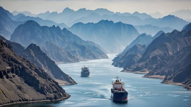 A small channel between desert mountains is traversed by cargo ships. Concepts of international trade and marine logistics