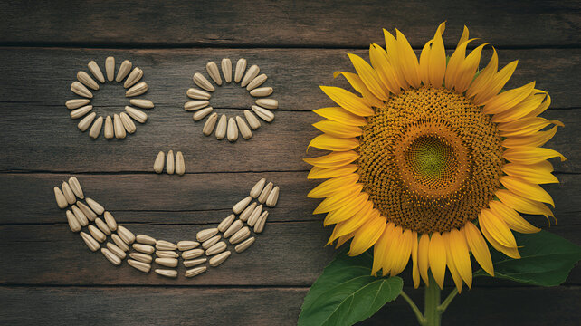 Sunflower seeds arranged in smiley face pattern on surface creating playful food concept ideal for creative designs fun backgrounds and healthy snack themed visuals