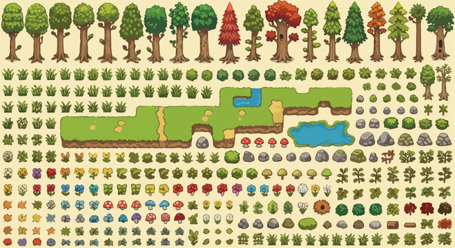 Pixel art game assets set, 2D forest environment tileset with trees and plants, retro video game landscape elements for level design