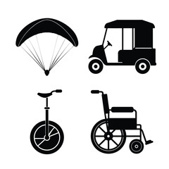Various transport and mobility icons set with paraglider rickshaw unicycle and wheelchair black silhouettes © Brisy Gayen