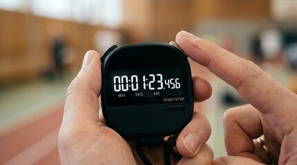 Fototapeta premium Close-up of hand stopping digital stopwatch with precise timing display