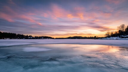 Obraz premium Serene winter sunrise reflects on a frozen lake showcasing pristine natural beauty