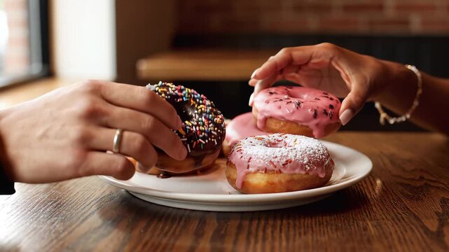 Hands reaching for assorted donuts on a white plate on a wooden table, featuring chocolate, pink glazed, and sprinkle toppings.