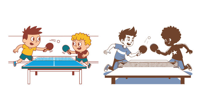 Two cartoon boys playing table tennis together