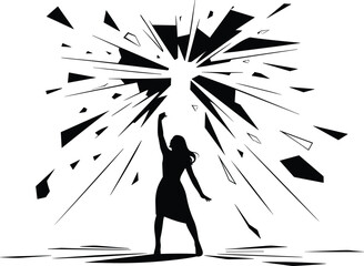 Silhouette of a Woman Reaching Upward Towards an Exploding Geometric Light Burst female © Aman9