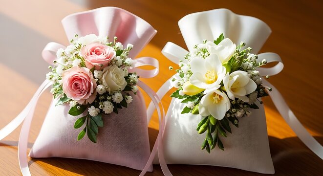 Romantic floral decorated bags with handmade soap as rustic wedding favors