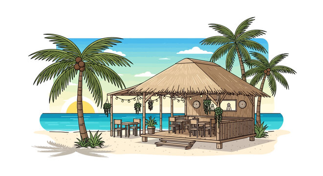 Tropical Beach Hut with Palm Trees.