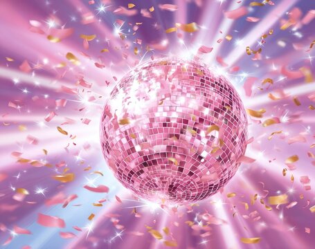 Pink disco ball explodes with light and falling confetti
