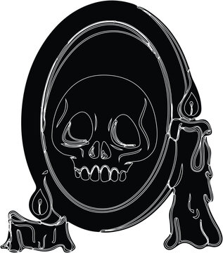 Spooky black and white silhouette vector illustration of a skull reflected in a dark mirror with melting lit candles isolated on a white background