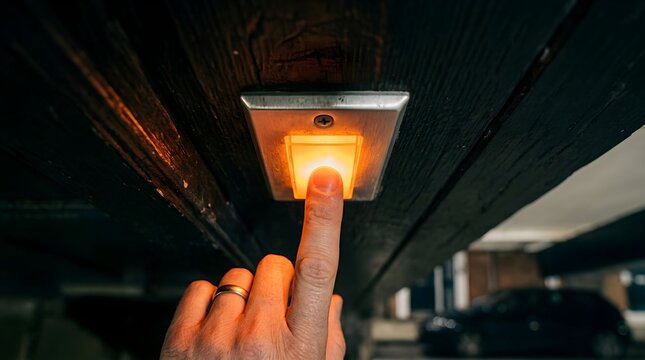 Illuminated doorbell button being pressed by a person's finger, signifying a visitor's arrival or a call for attention