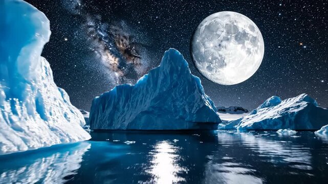Massive full moon hangs in a starry night sky over jagged blue icebergs floating in calm arctic water with reflections and a visible Milky Way galaxy in the background.