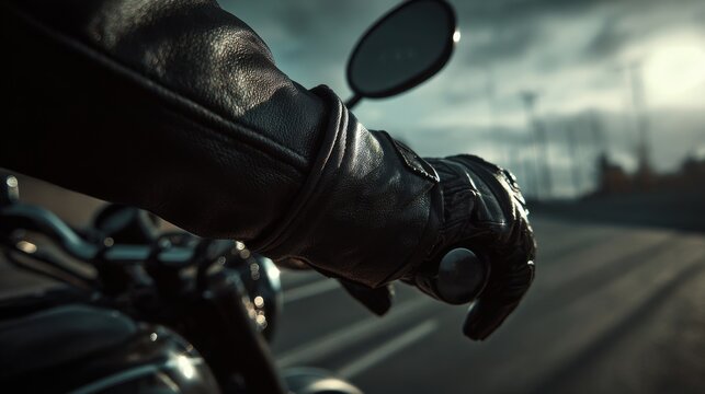 Motorcyclist wearing protective leather gloves and jacket gripping the handlebars with blurred road and urban background in early morning light