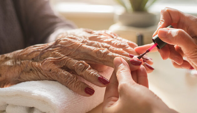 Creative macro shot shows a year old woman's hands getting a red manicure in a bright setting, highlighting age and care