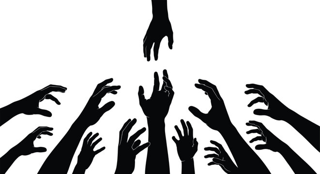 Reaching hands a dark silhouette of desperation and collective struggle