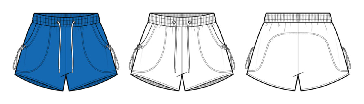 Athleisure Running Shorts Technical Fashion Illustration. Unisex Sport Shorts Vector Template. Front and Back View. Elastic Waistband. Drawstring Closure. Side Pockets. Activewear. CAD Mockup Set.