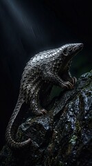Obraz premium Rain-Soaked Pangolin Climbing Wet Mossy Rock in Dramatic Dark Cinematic Lighting