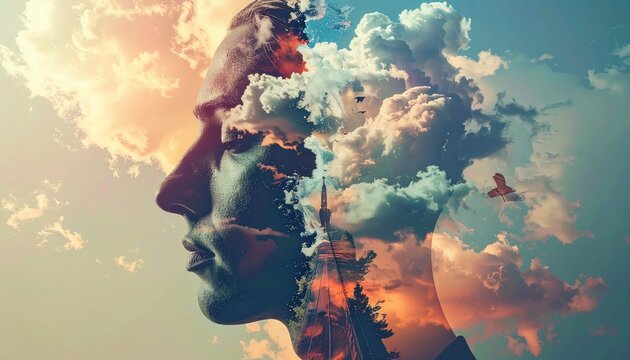 Surreal Mindscape - A Profile Merged with Clouds and Sky.