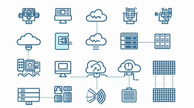 Collection of Blue Cloud Technology Icons for Data Management and Network Connection