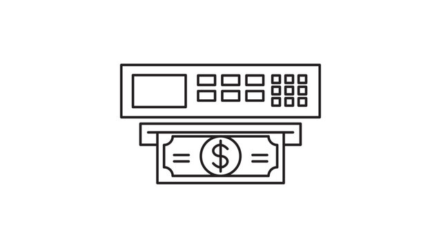 ATM Machine Dispensing Cash Dollar Bill Minimalist Black Line Vector Icon with Editable Stroke for Banking, Finance, and Business Concepts, Clean Outline Illustration on White Background.
