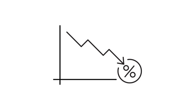 Interest Rate Cut and Economic Decline Minimalist Black Line Vector Icon on White Background. Featuring a Downward Trending Graph with Percent Sign and Editable Stroke for Easy Customization.