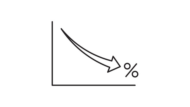 Interest Rate Cut Minimalist Black Line Vector Icon on White Background Representing a Graph with a Falling Arrow and Percentage Symbol, Financial Crisis and Economic Decline, Editable Stroke.
