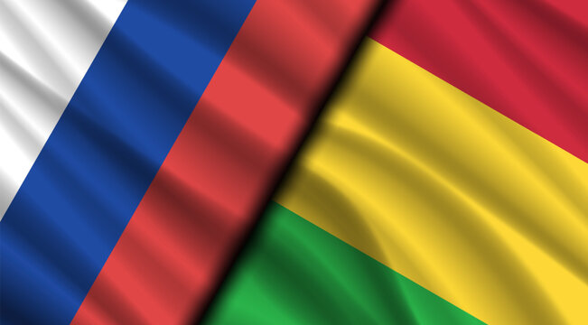 Vector politico economic poster. Wavy flags of Russian Federation and Republic of Mali. Deal and friendship. Relations between countries. Military union. Russian and Malian