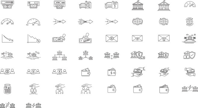50 Finance and Banking Vector Icon Set with Editable Stroke. Minimalist Black Line Collection for Credit Score, ATM, Wallet, Car Loan, Global Transaction, Debt Consolidation, and Money Transfer.