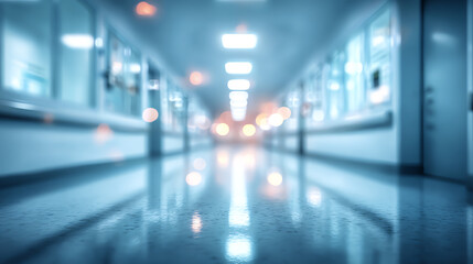 Fototapeta premium A serene hospital corridor with polished floors, illuminated by bright overhead lights, conveying a sense of calm.