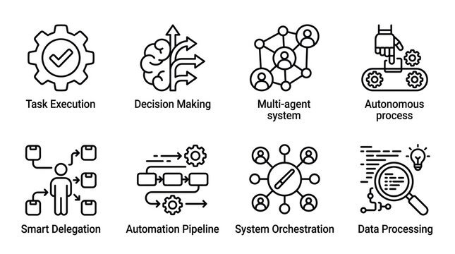 AI Agents Workflow Icon Set for SaaS Automation, Task Execution UI Icons. AI generated.