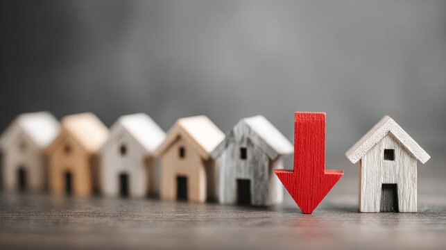 Row of small wooden houses with a prominent red downward arrow symbolizing decline in housing market or property values against a blurred gray background