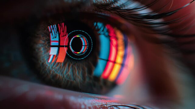 Colorful digital art reflection in close up human eye with detailed eyelashes and skin texture showing vibrant light patterns in dark environment