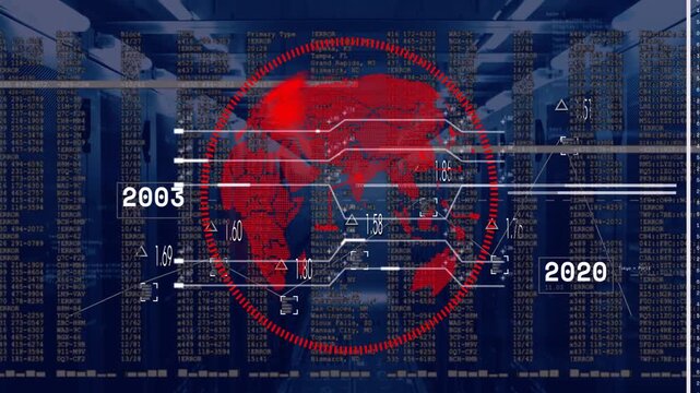 Timeline moving, red globe rotating, reticle pulsing, nodes updating metrics, visualizing trends