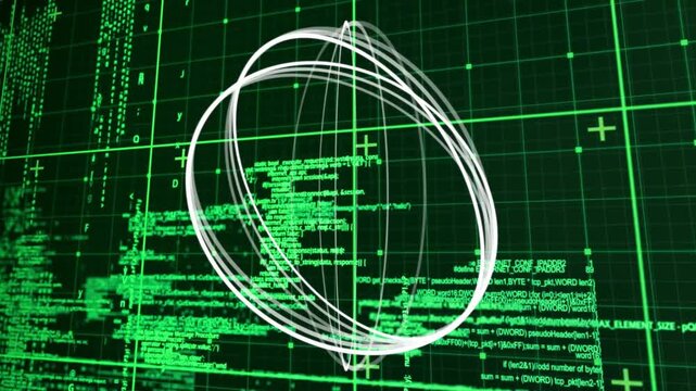 Code scroll starting white wireframe orb rotating, tilting, densifying, visualizing grid telemetry