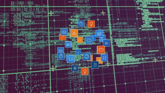 Blue orange app-icon cluster appearing on load, expanding into rings, moving forward, showing data