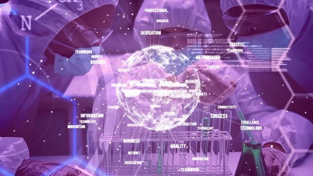 Lab team reaching rack handling samples summoning holo globe adding data tags visualizing data
